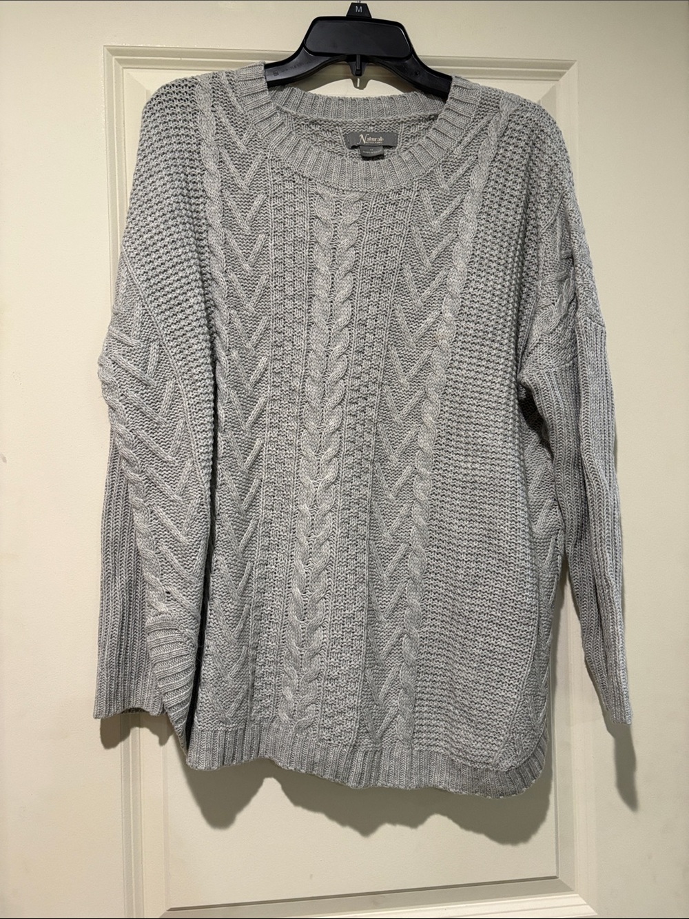 Natural Reflections Light Gray Cable Knit Crewneck Sweater